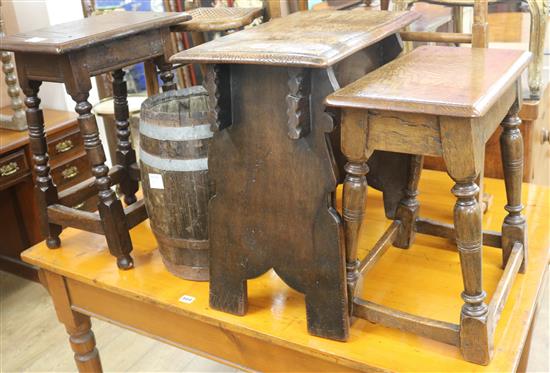 A Victorian cane seated childs high chair, three oak stools and a five bar towel rail, and another towel rail